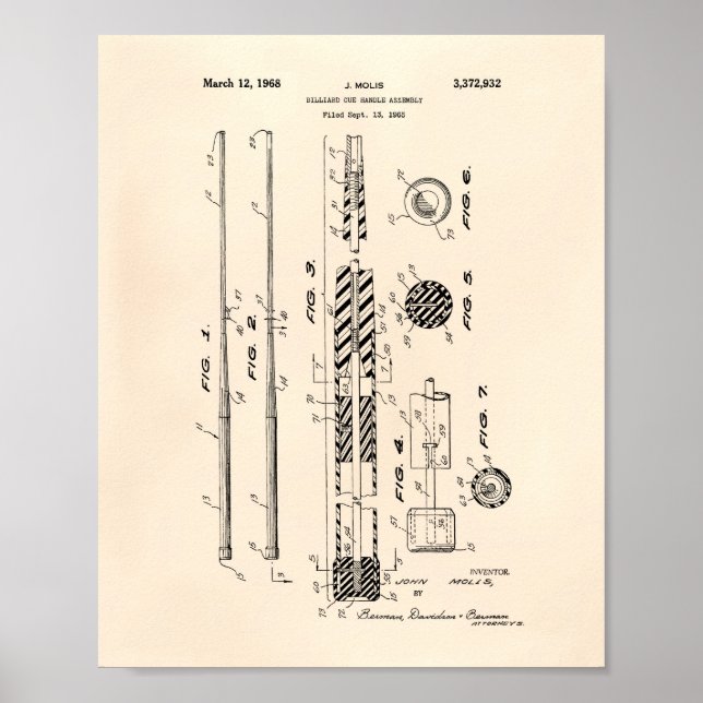 Pôster Billiard Cue Handle 1968 Patent Art - Old Peper (Frente)