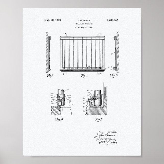 Pôster Billiard Cue Lock 1949 Patent Art - White Paper (Frente)