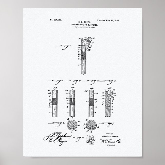 Poster Billiard Cue Tip 1899 Patent Art - White Paper (Frente)