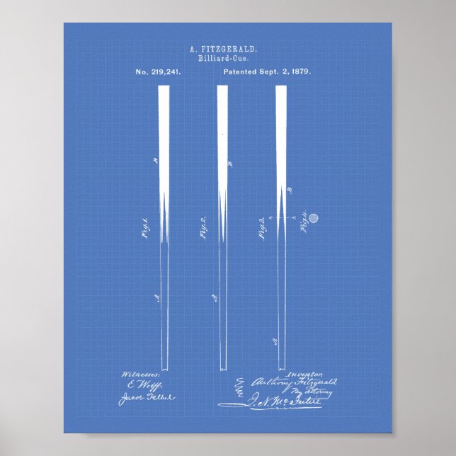 Pôster Billiard Cues 1879 Patent Art - Blueprint (Frente)