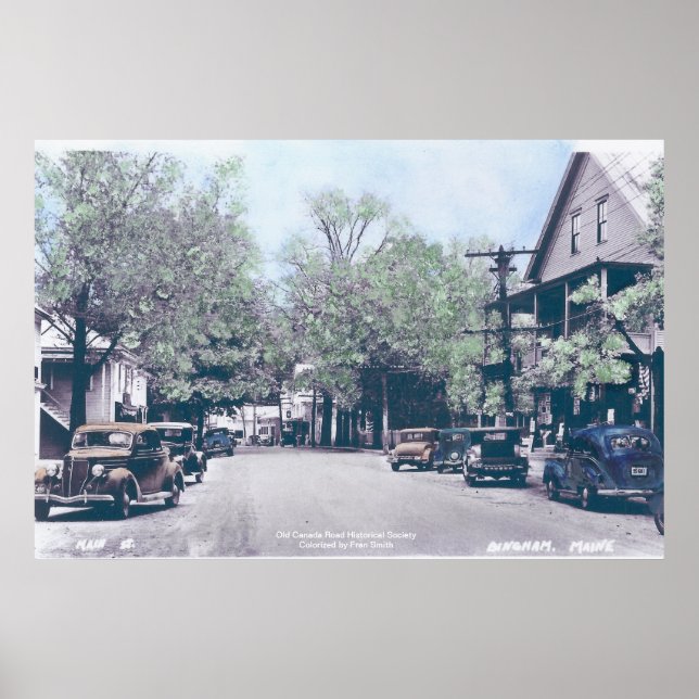 Poster Bingham Maine - Main Street with Old Cars (Frente)