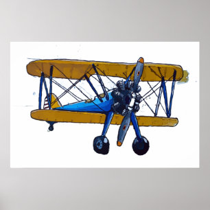 Poster Biplano clássico antigo com trem de pouso triciclo