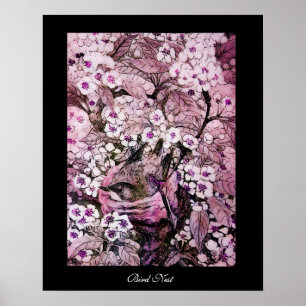 Pôster BIRD NEST,TREE PINK WHITE SPRING FLOWERS Black