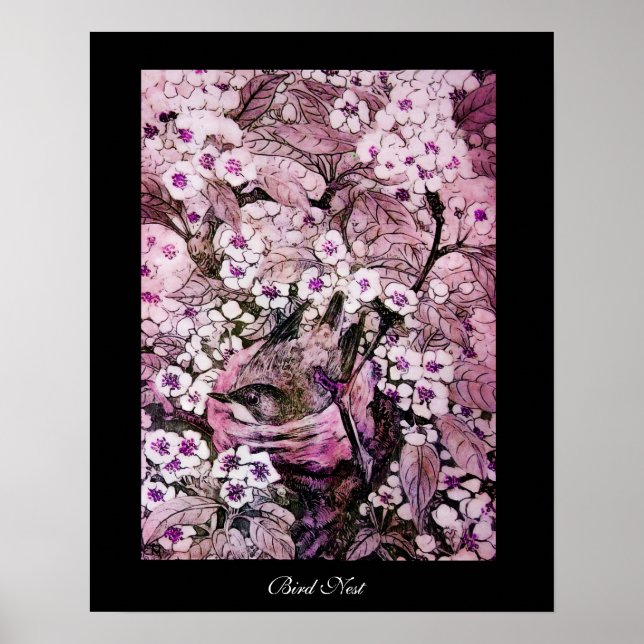 Pôster BIRD NEST,TREE PINK WHITE SPRING FLOWERS Black (Frente)