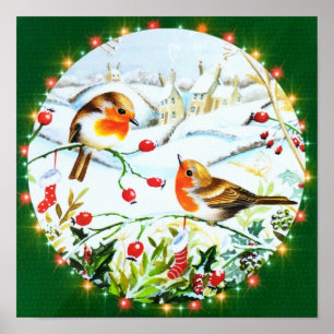 Poster Bird Robin Casal Winter Holly Christmas