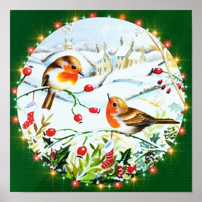 Poster Bird Robin Casal Winter Holly Christmas (Frente)
