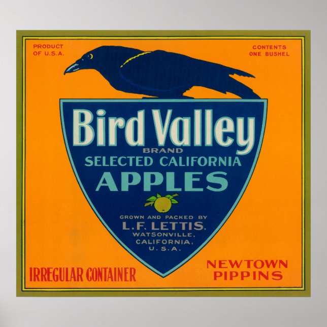 Pôster Bird Valley Apple Crate LabelWatsonville, CA (Frente)