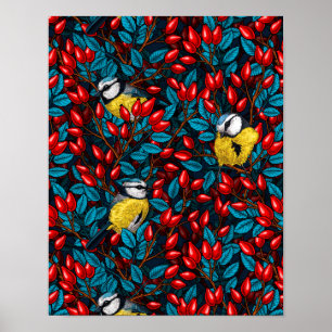 Poster Birds and dog rose hips, blue and red