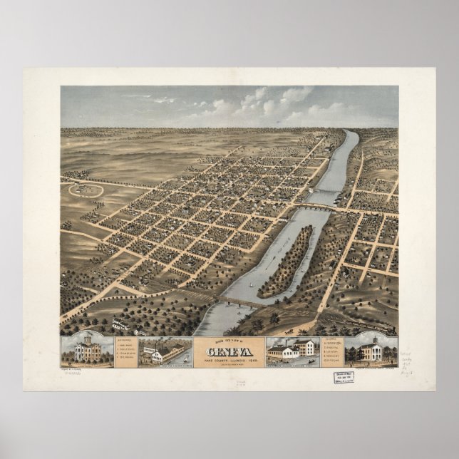 Pôster Bird's Eye View of Genebra, Illinois (1869) (Frente)