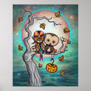 Poster Birds of a Feather Cute Girl in Mask and Owl 