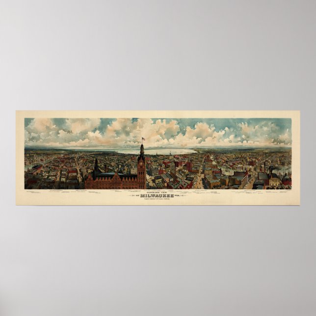 Pôster Birdseye Panorama de Milwaukee (1898) Reprint (Frente)