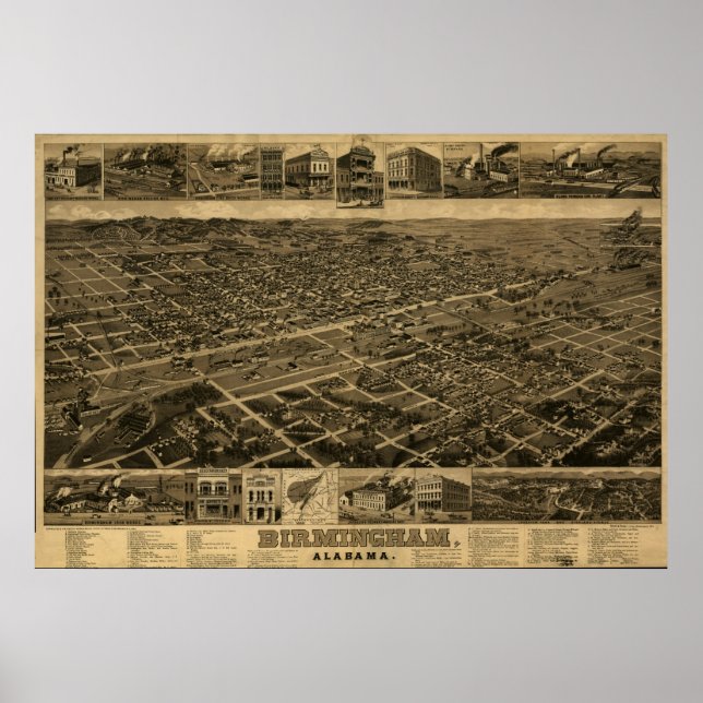 Pôster Birmingham Alabama 1885 - Mapa Panorâmico Antiquad (Frente)