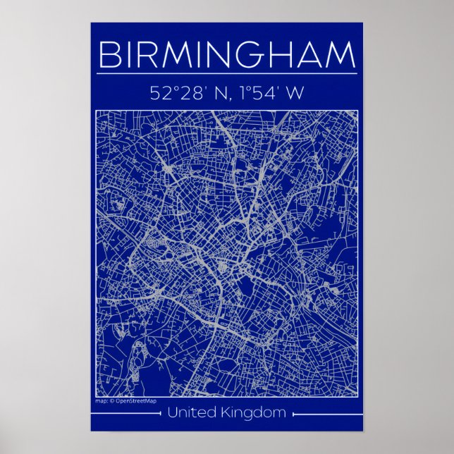Poster Birmingham Blueprint City Map Poste Minimal Wall (Frente)