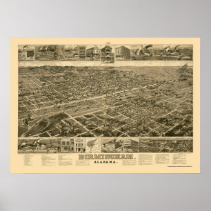 Poster Birmingham, mapa panorâmico do AL - 1885