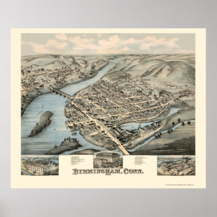 Pôster Birmingham, mapa panorâmico do CT - 1876