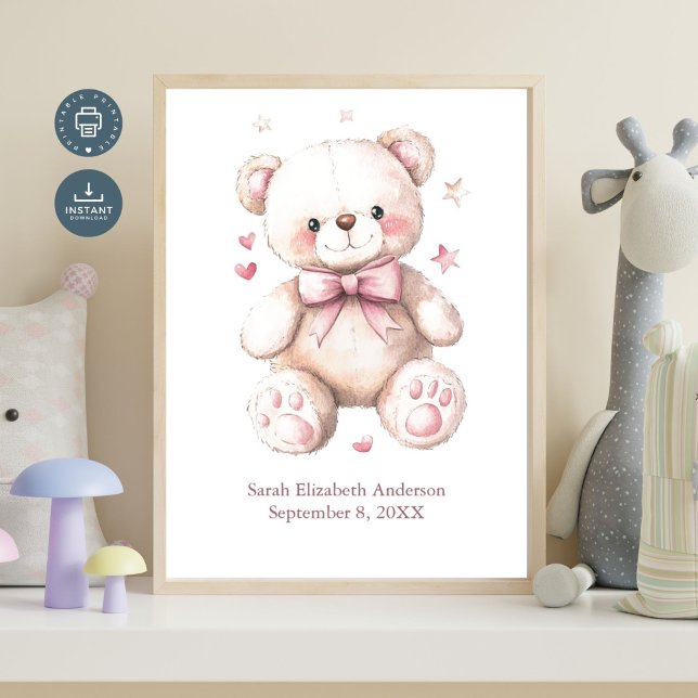 Poster Birth Stats Baby Girl Pink Teddy Bear (Birth Stats Personalized Teddy Bear with Pink Bow Poster for Baby Girl Nursery. Add Name Birthday)