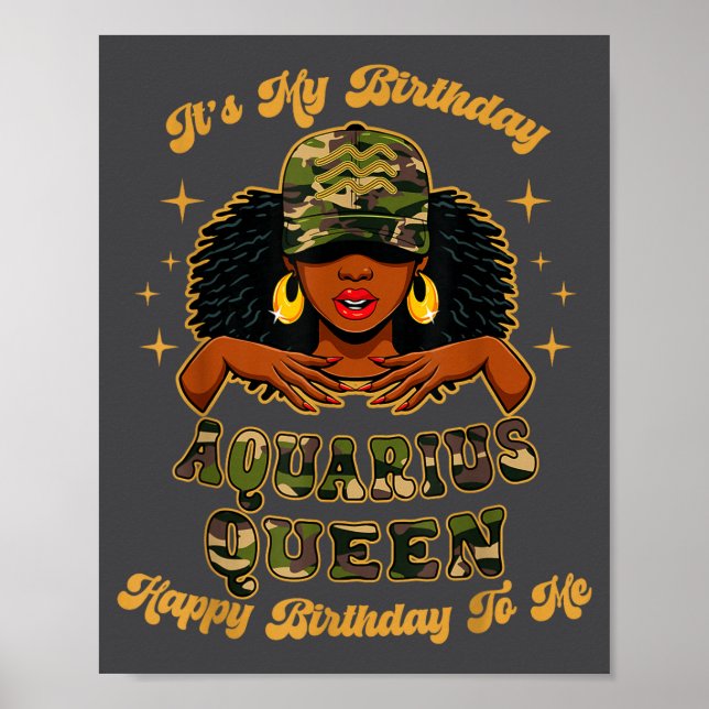 Poster Birthday Aquarius Queen Camo Black Woman African Z (Frente)