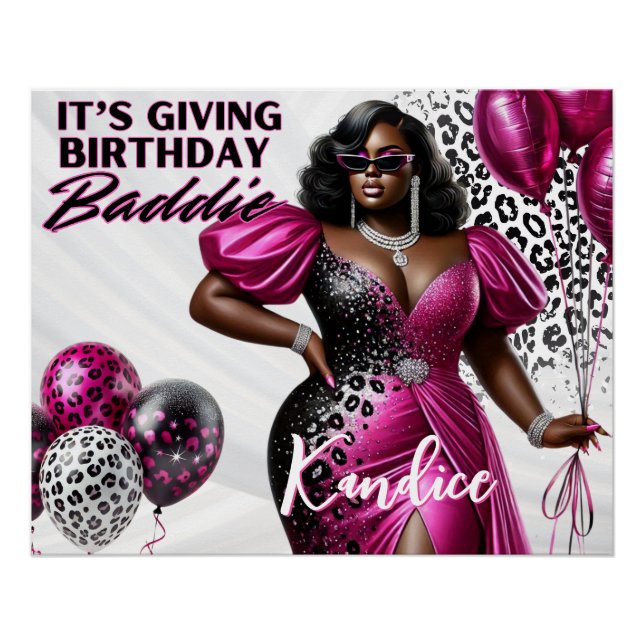 Pôster Birthday Baddie Pink & Black Leopard Glam Party (Frente)