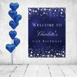 Poster Birthday blue silver stars welcome party<br><div class="desc">A welcome poster for a glamorous 21st (or any age) birthday party.  A navy blue background with elegant faux silver stars. The blue color is uneven.  Personalize and add a name and age 21.  White letters.</div>