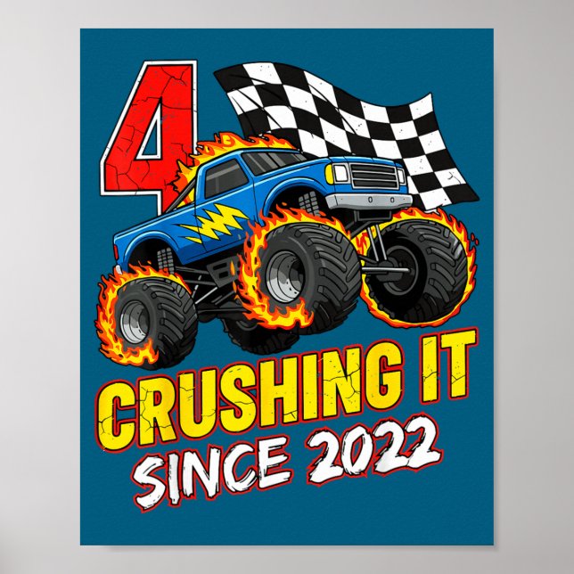 Poster Birthday Monster Truck 4 Year Old Boys 4th Party B (Frente)