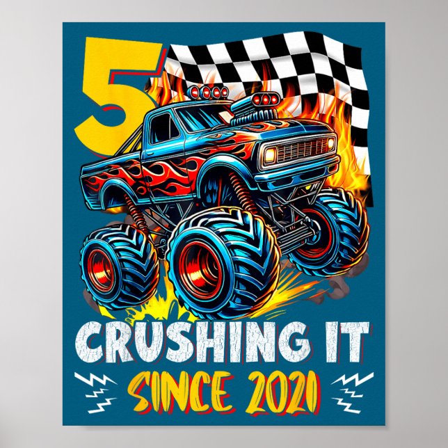 Poster Birthday Monster Truck 5 Year Old Boys 5th Party B (Frente)