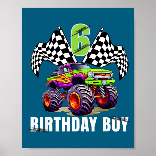 Poster Birthday Monster Truck 6 Year Old Boys 6th Party  (Frente)