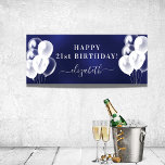 Poster Birthday navy blue white balloons name script<br><div class="desc">For a girly and glamorous 21st (or any age) birthday party. A navy blue background. The blue color is uneven. Decorated with white balloons. Personalize and add a name and age 21. White letters. The name is written with a modern hand lettered style script with swashes. To keep the swashes...</div>