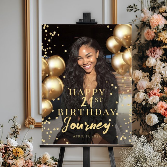 Poster Birthday party photo gold balloons welcome (Criador carregado)