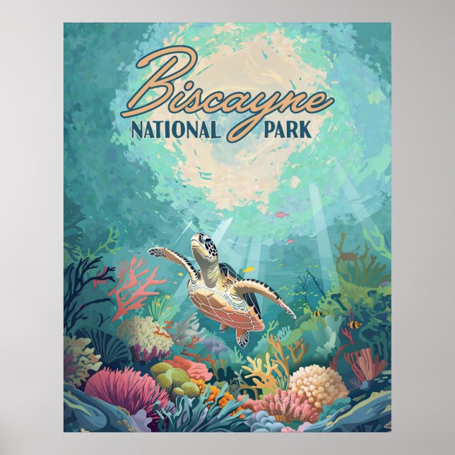 Poster Biscayne National Park Florida Turtle Coral Retro (Frente)