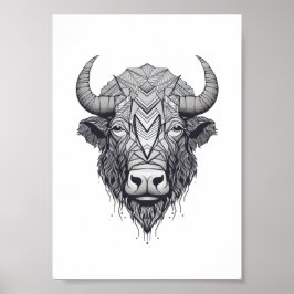 Poster Bison Buffalo Preto e Retrato Branco