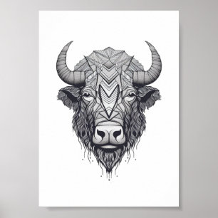 Poster Bison Buffalo Preto e Retrato Branco