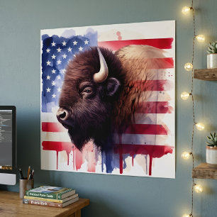 Poster Bison com bandeira dos Estados Unidos da América