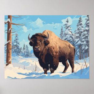 Poster Bison in Snowy Forest - Cartão postal Ai