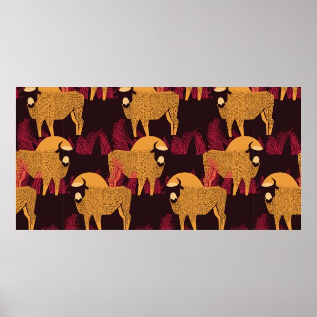 Poster Bison num campo com um padrão de erva alta sem cos (Frente)