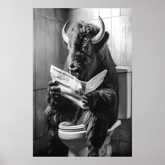 Poster Bison on Toilet Print, Funny Bathroom Newspaper (Frente)