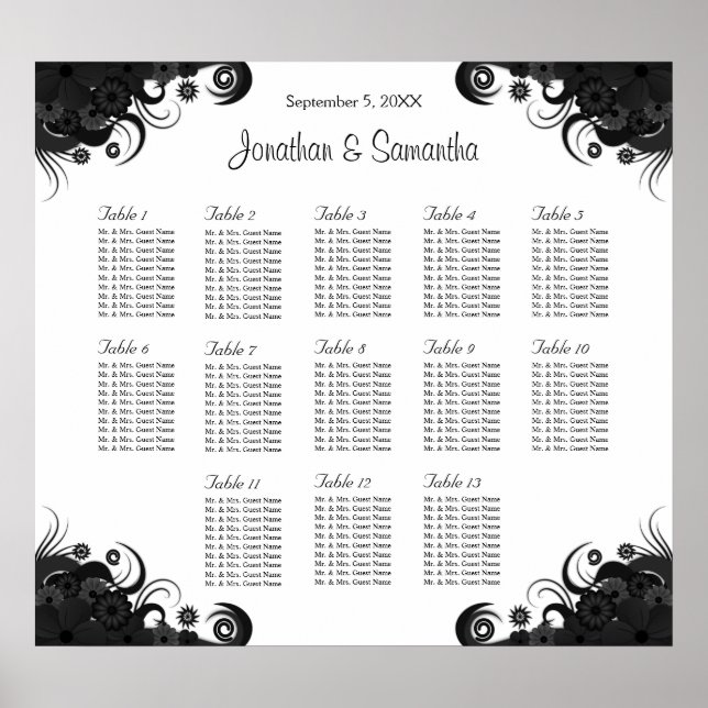 Pôster Black and White 13 Wedding Tables Seating Charts (Frente)