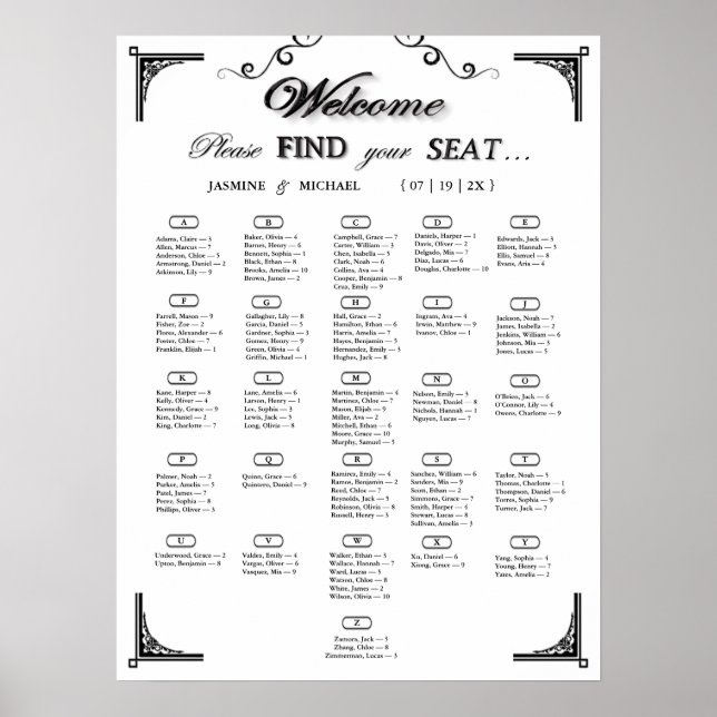 Poster Black and White Alphabetical Wedding Seating Chart (Frente)