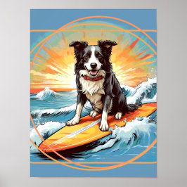 Poster Black and White Border Collie Surfing