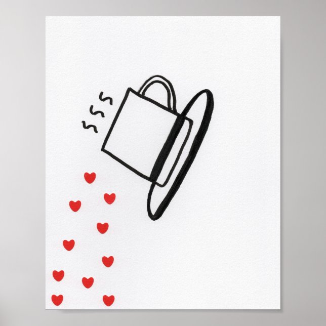 Poster Black and White Cup with Red Hearts Pouring (Frente)