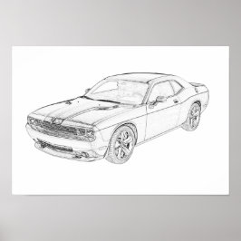 Poster Black and White Dodge Challenger Pencil Drawing