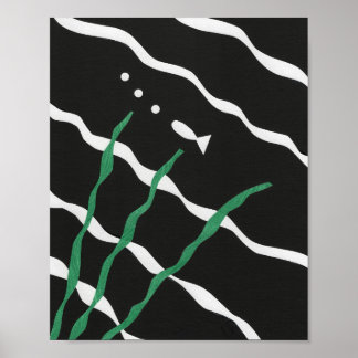 Poster Black and White Fish with bubbles and seaweed