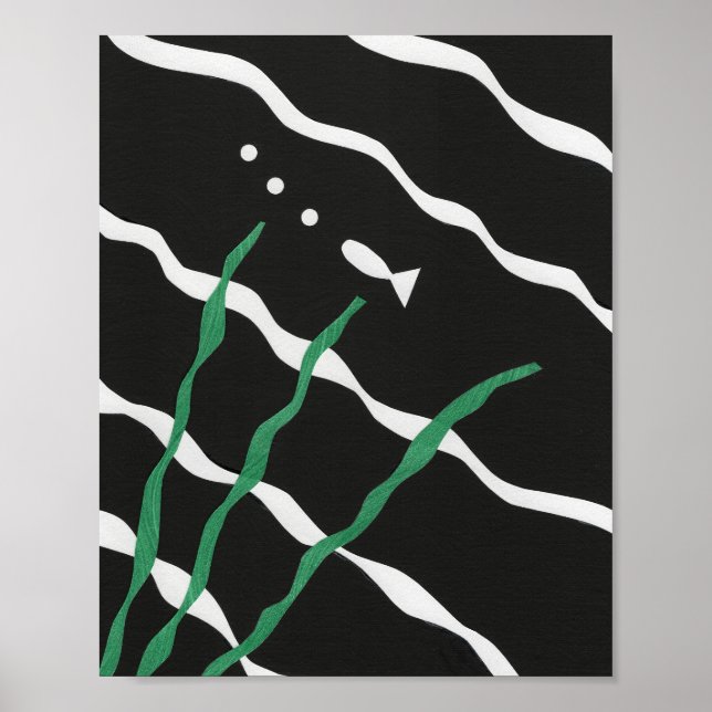Poster Black and White Fish with bubbles and seaweed (Frente)