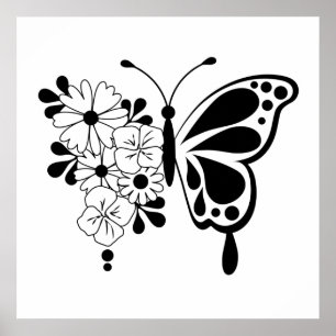 Poster Black and White Floral Butterfly