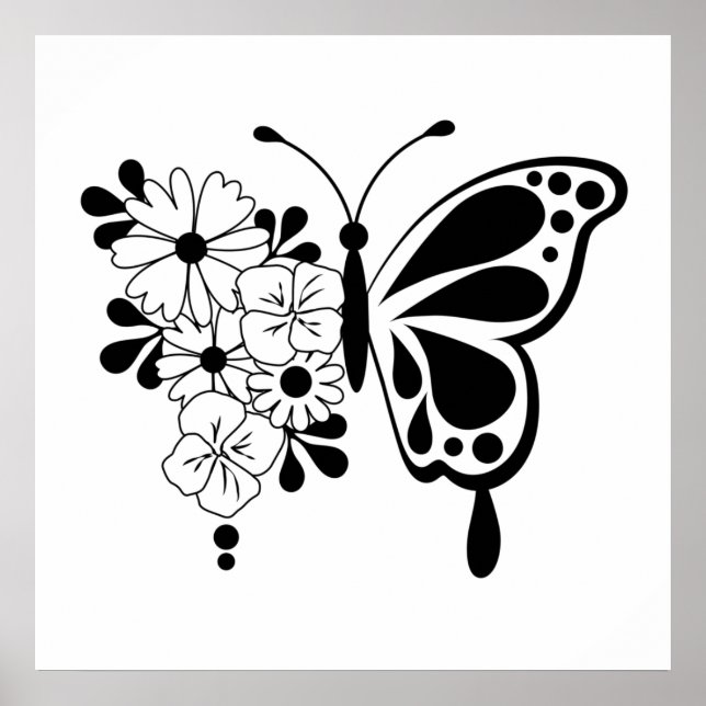 Poster Black and White Floral Butterfly (Frente)