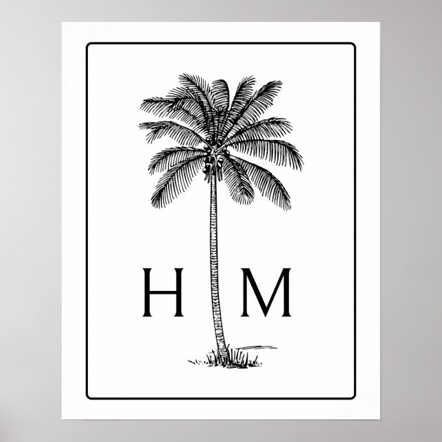 Poster Black and White Palm Palmetto Tree Monogram (Frente)