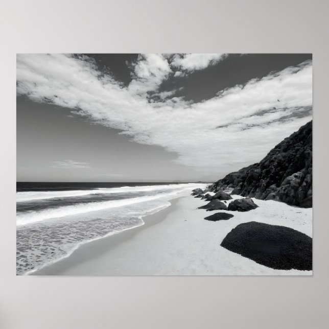Poster Black And White Rocky Ocean Waves Seascape (Frente)