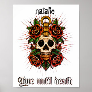 Poster Black and white tattoo skull and roses graphics