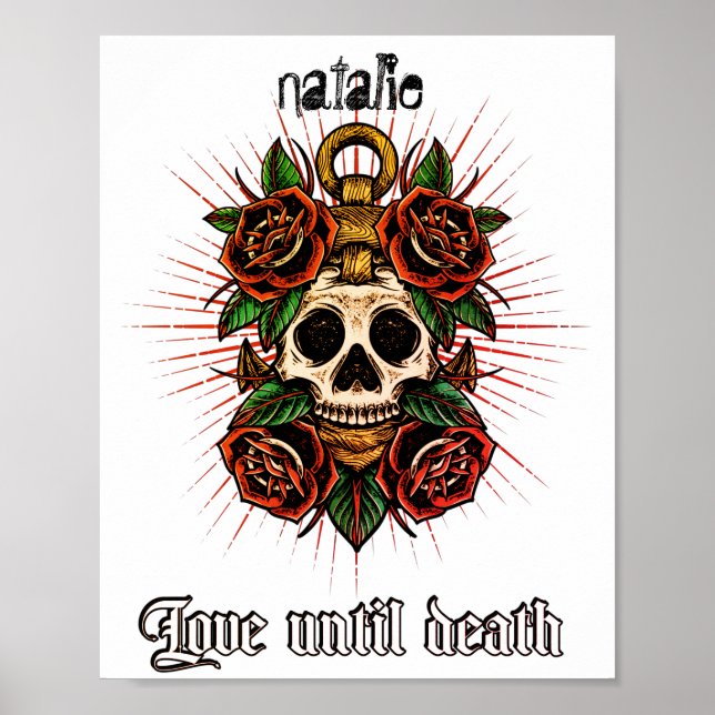 Poster Black and white tattoo skull and roses graphics   (Frente)