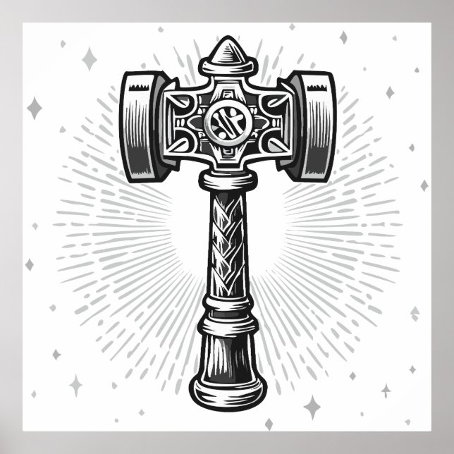 Poster Black and white Thor's Hammer Mjolnir (Frente)