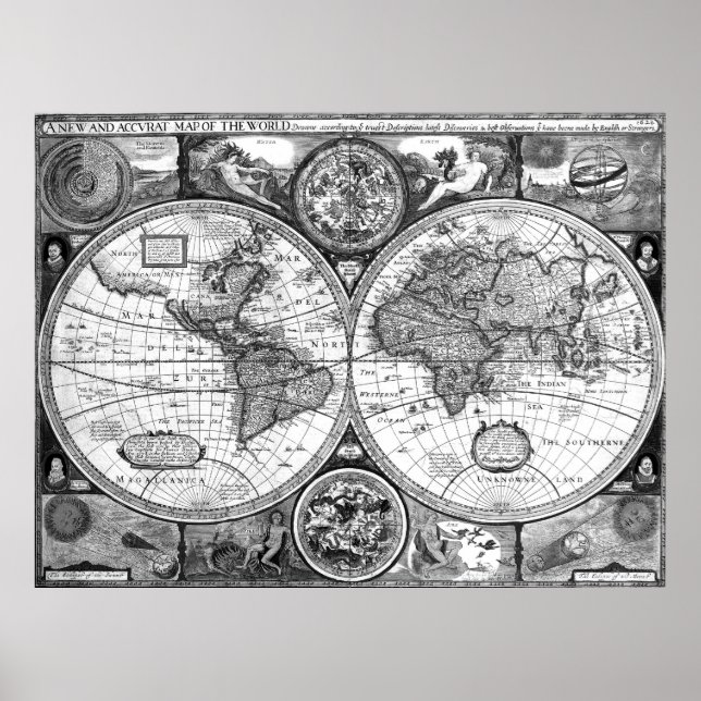 Poster Black and White World Map (1626) (Frente)